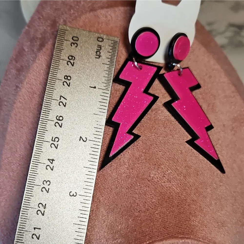 Shazzam Pink Lightning Bolt Acrylic Dangle Earrings, Retro Fashion, 3in Long